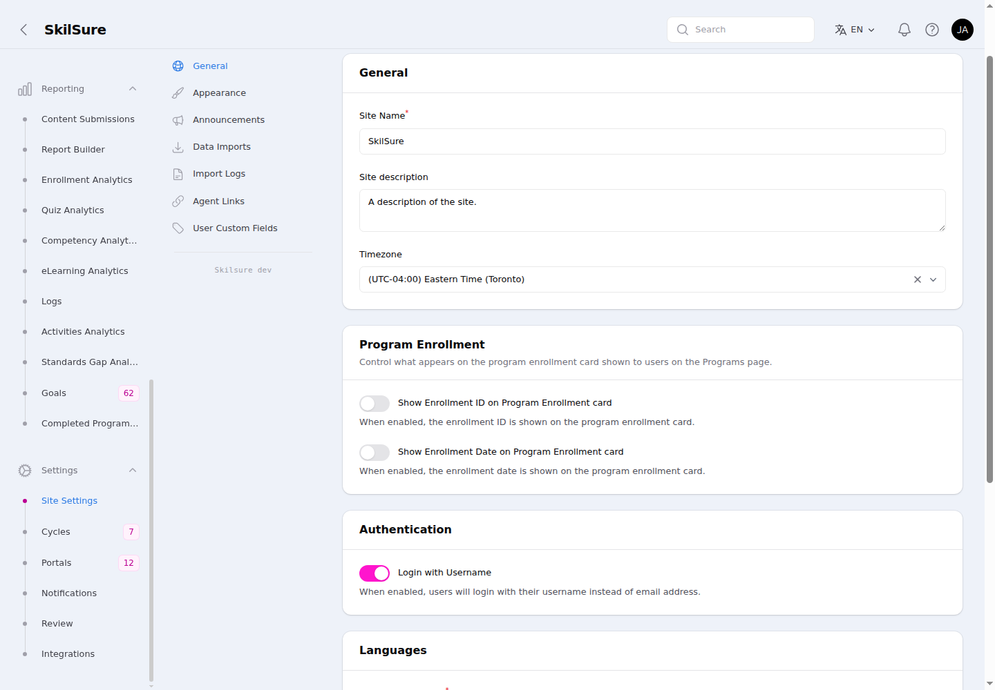 General Settings page showing the General section (Site Name, description, Timezone) and a Program Enrollment section with two toggles.
