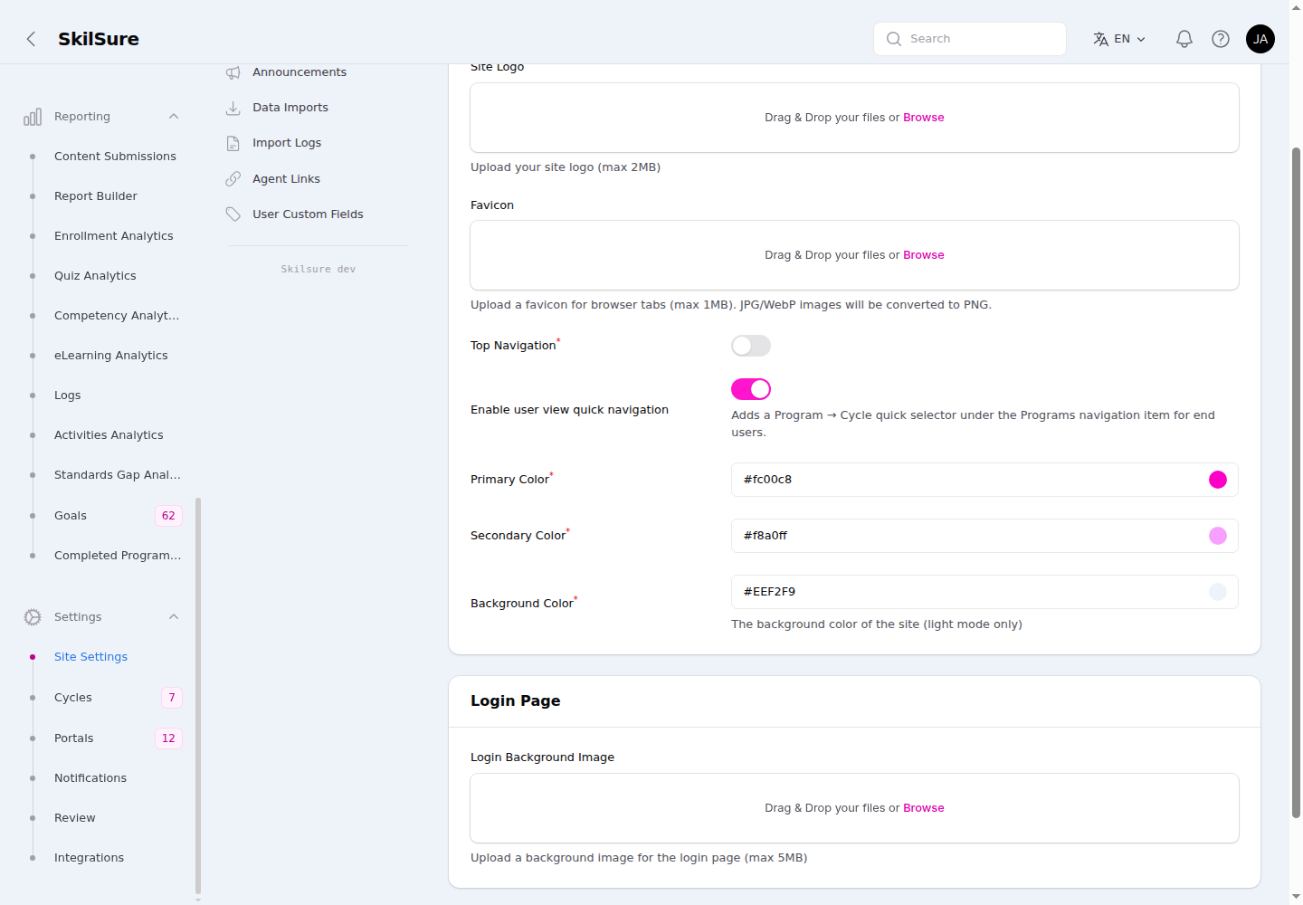 Appearance settings continued — Top Navigation and Enable user view quick navigation toggles, Primary/Secondary/Background colours, and the Login Page section.