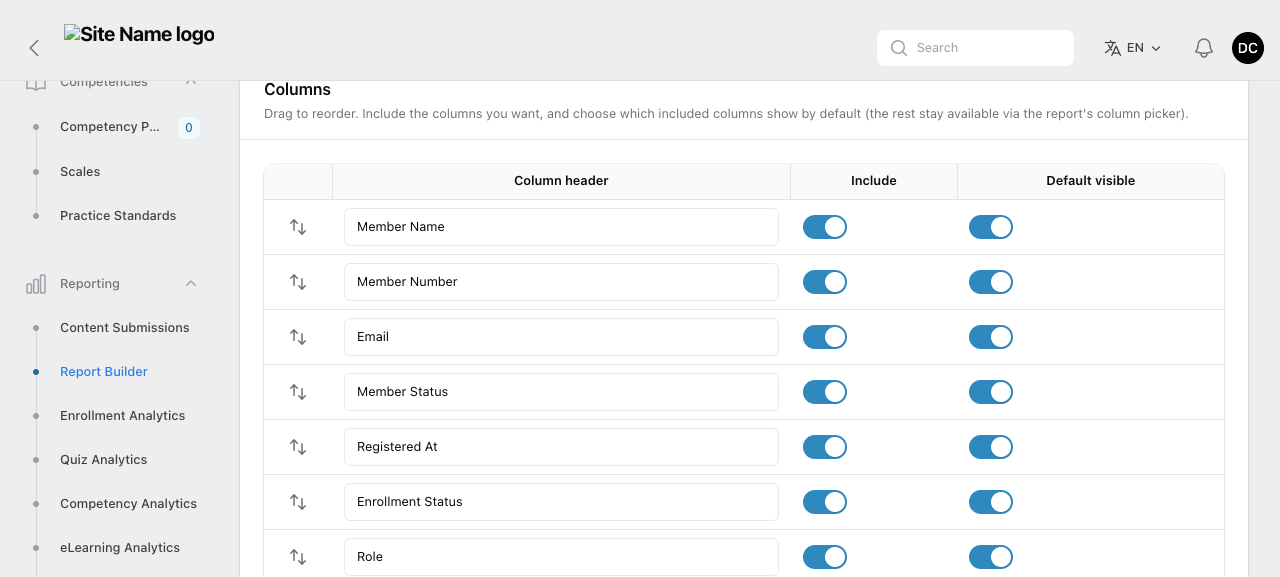 Columns section showing a table with Column header, Include, and Default visible columns for Member Name, Member Number, Email, Member Status, Registered At, Enrollment Status, and Role, each with drag handles and toggles.