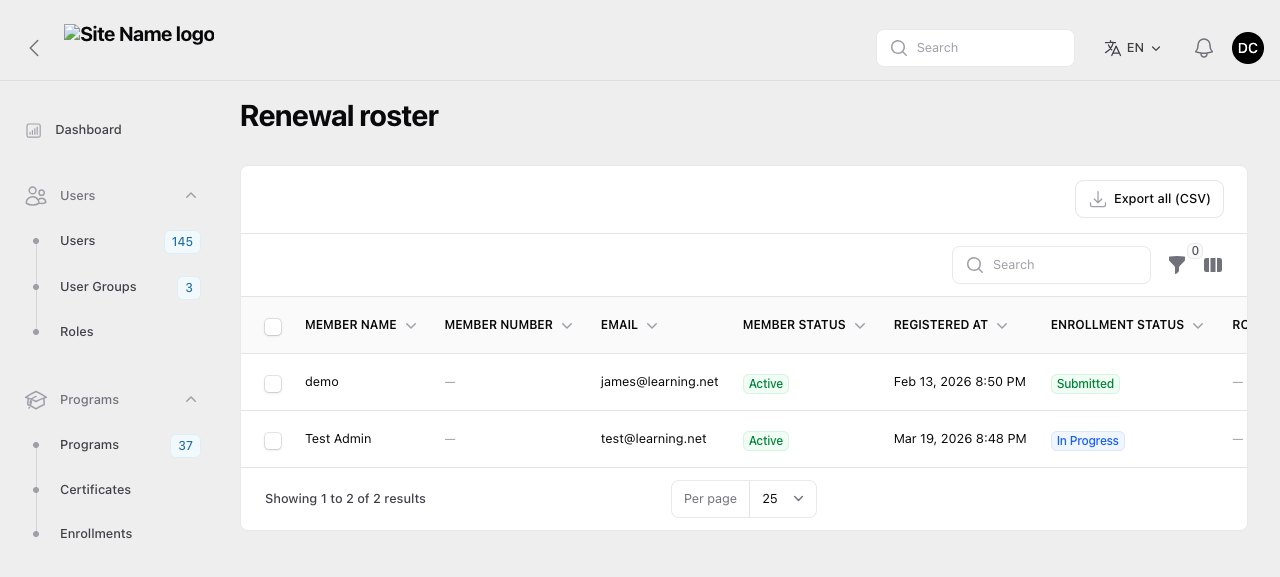 Viewed Renewal roster report with two member rows, showing Member Status (Active) and Enrollment Status (Submitted, In Progress) badges, formatted dates, search, and an Export all (CSV) button.