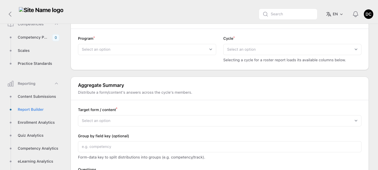 Aggregate Summary configuration with Program and Cycle selects, a Target form / content select, and a Group by field key input.