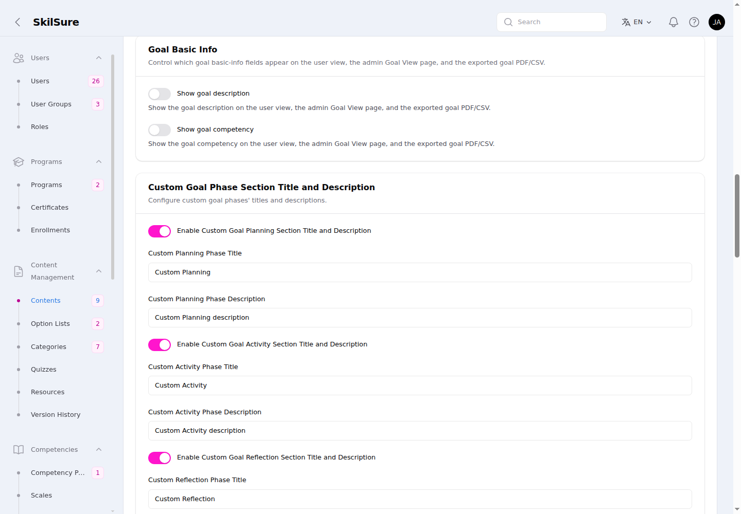 Goal Basic Info section with Show goal description and Show goal competency toggles, each with helper text.