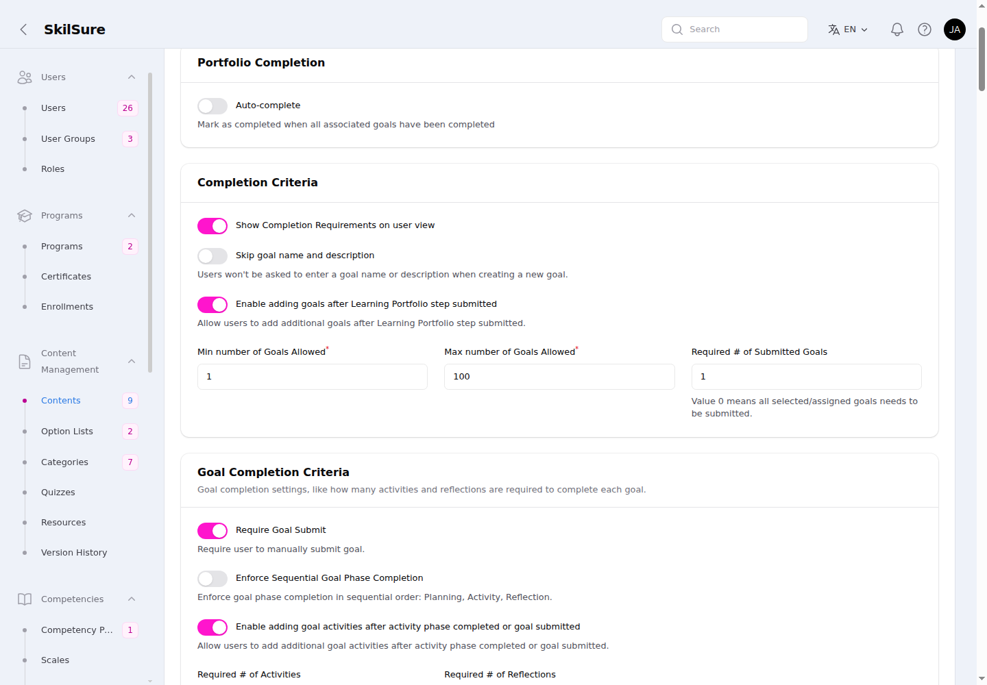 Completion Configuration showing the Portfolio Completion (Auto-complete) and Completion Criteria sections, including the Show Completion Requirements, Skip goal name and description, and Enable adding goals after submission toggles plus the Min/Max/Required number of goals fields.