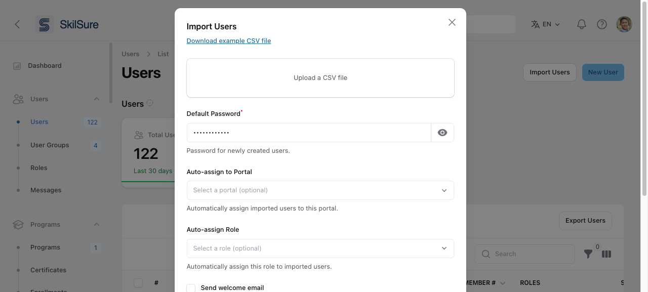 The Import Users dialog with a Download example CSV file link, an upload area, and the import options.