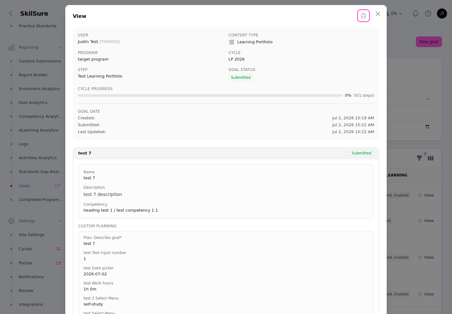 Goal View modal with a status/context summary, a Goal Date section, and the Planning Phase with a required field marked by a red asterisk.