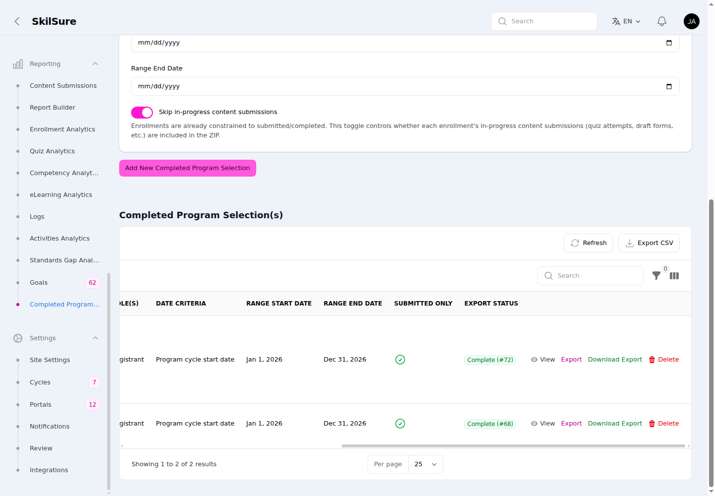 Completed Program Selection(s) table with two selections, each showing an Export Status and View, Export, Download Export, and Delete actions.