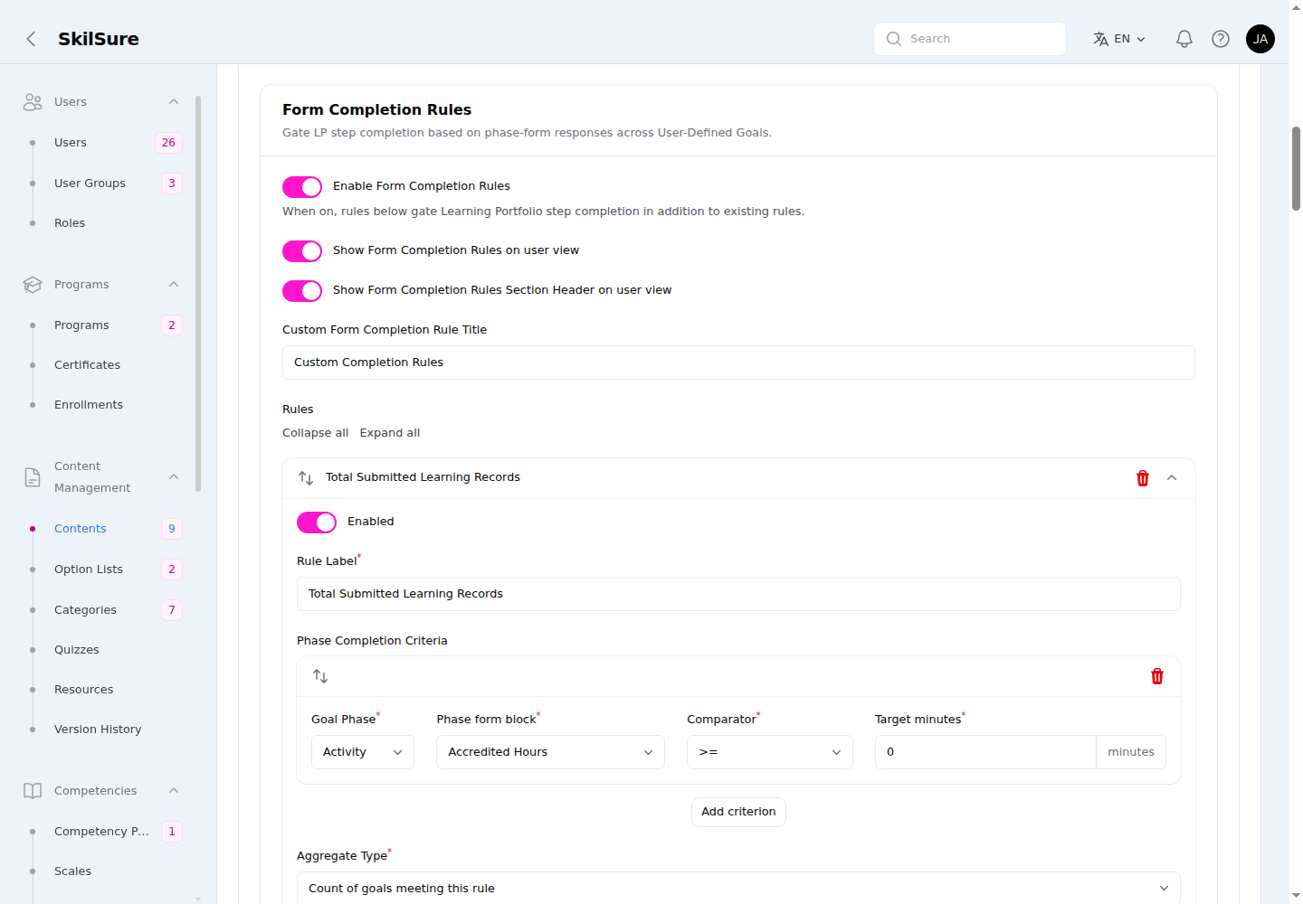 Form Completion Rules sub-section with enable and user-view toggles, a Custom Form Completion Rule Title, and a rule (Total Submitted Learning Records) showing its label, phase completion criteria, and aggregate type.