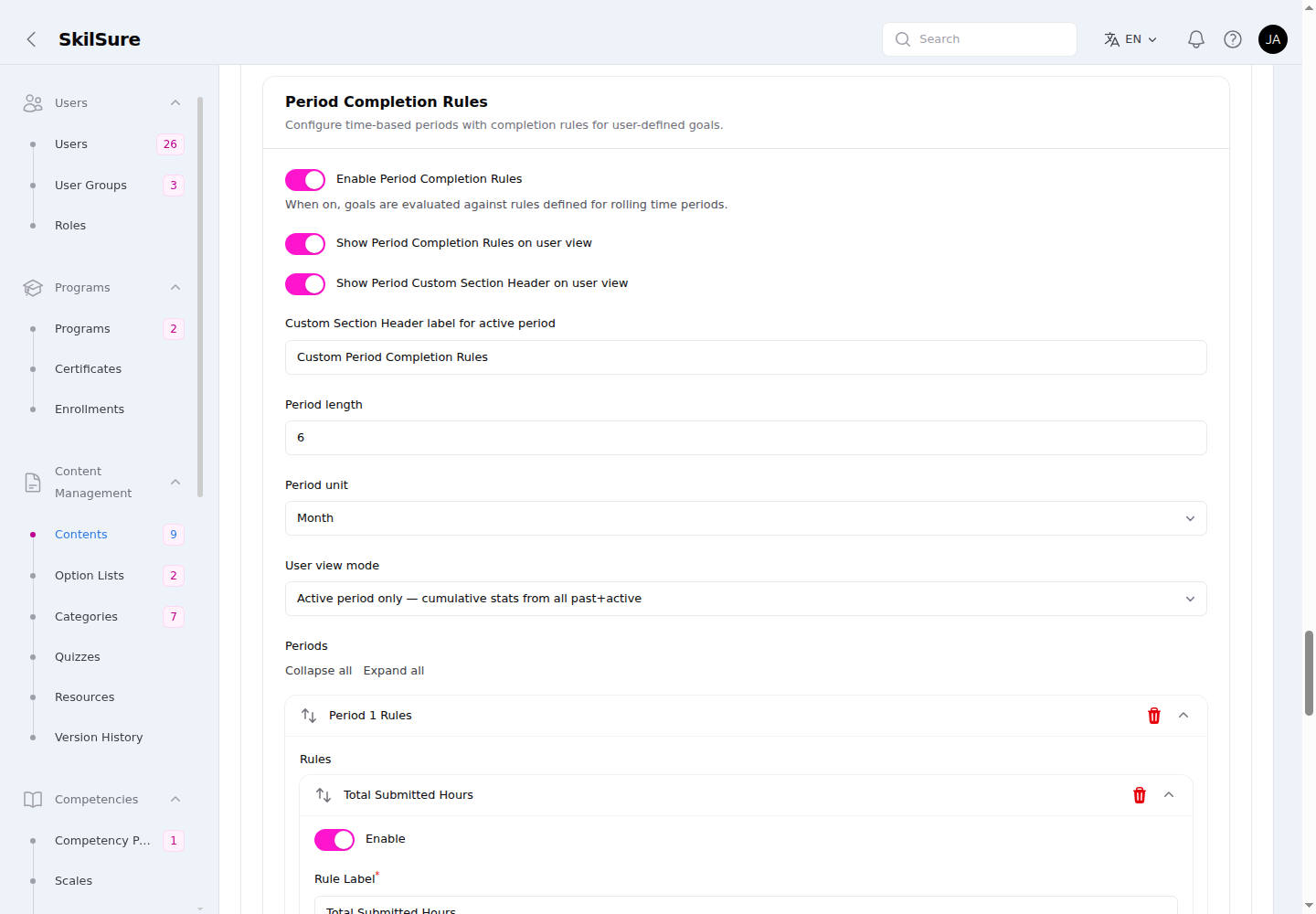 Period Completion Rules sub-section with enable and user-view toggles, a custom section header, Period length and unit, User view mode, and a Period 1 Rules group.
