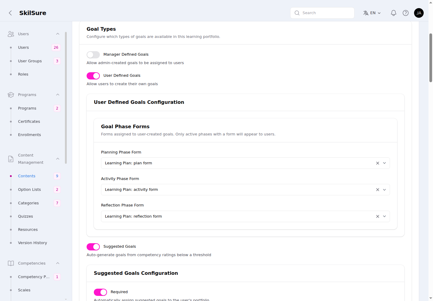 Goal Types section with Manager Defined, User Defined, and Suggested Goals toggles; User Defined Goals Configuration showing Planning, Activity, and Reflection phase form pickers; and the start of Suggested Goals Configuration.