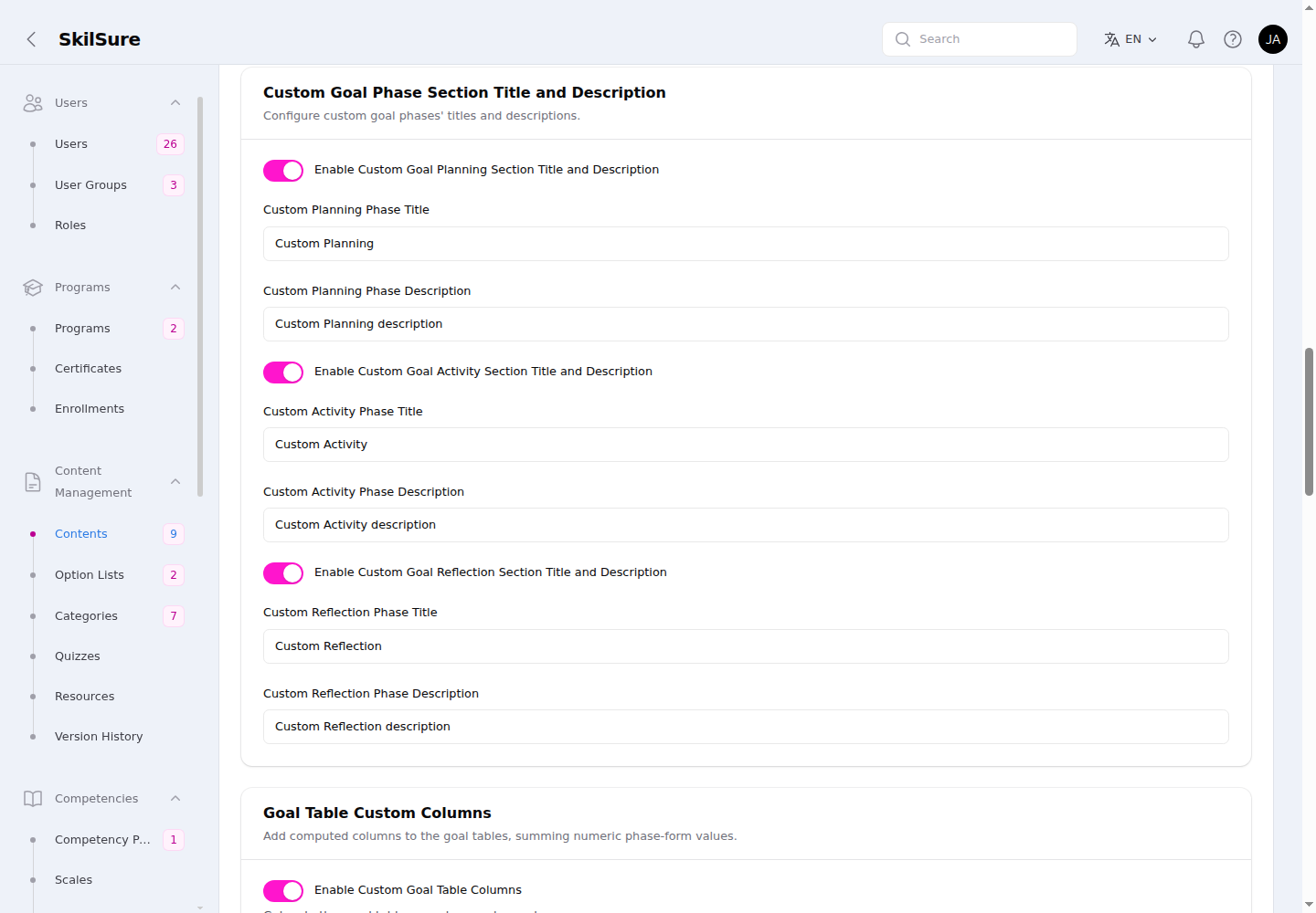 Custom Goal Phase Section Title and Description section with enable toggles for the Planning, Activity, and Reflection phases, each revealing a custom title and description field.