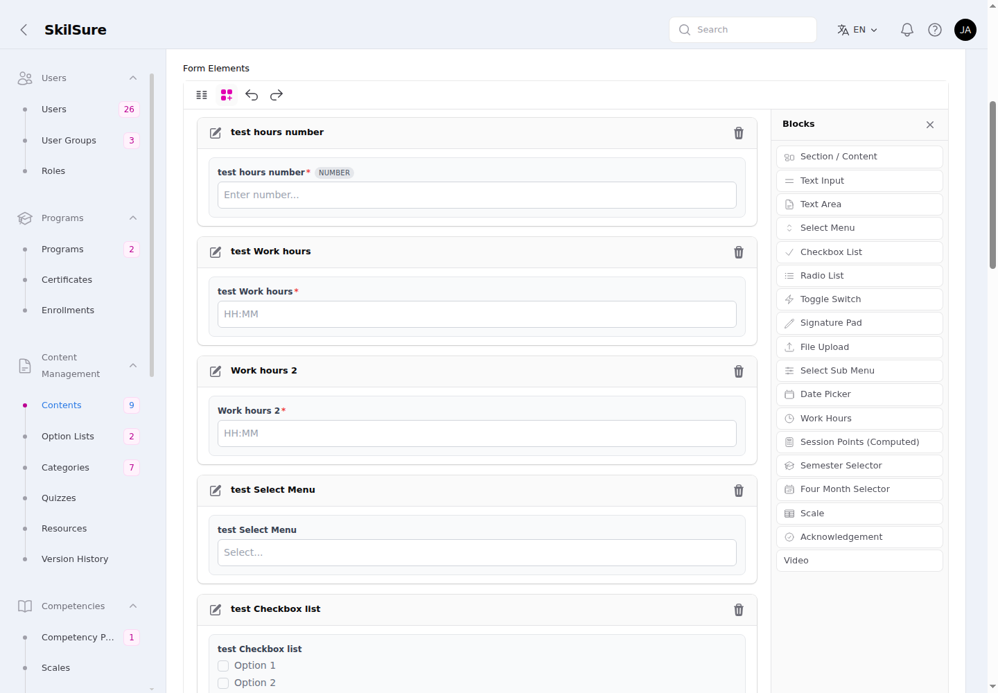 Form Elements builder with field blocks (number, work hours, select menu, checkbox list) and a Blocks panel listing available element types.