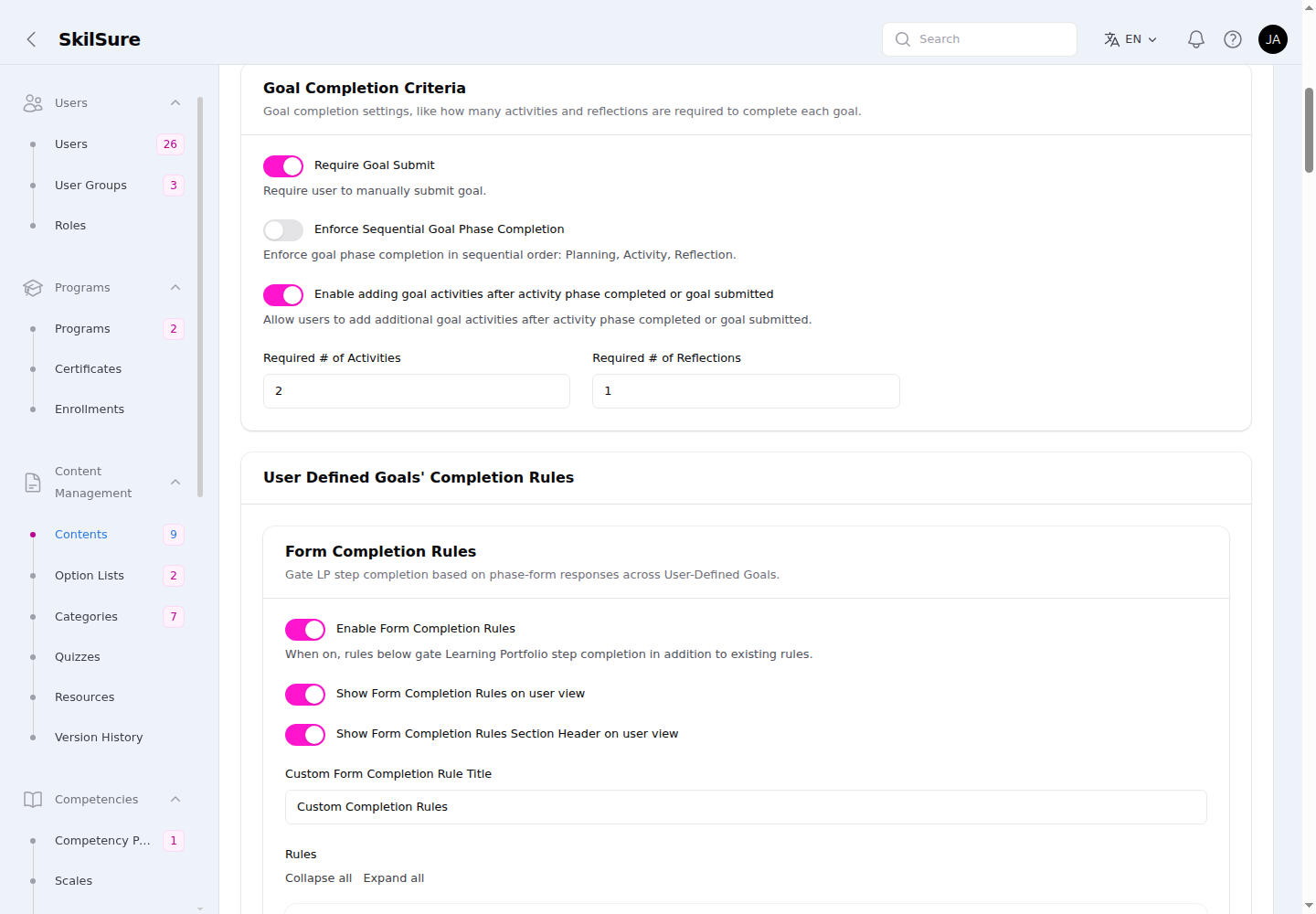 Goal Completion Criteria section with Require Goal Submit, Enforce Sequential Goal Phase Completion, and Enable adding goal activities toggles, plus Required # of Activities and Required # of Reflections fields.