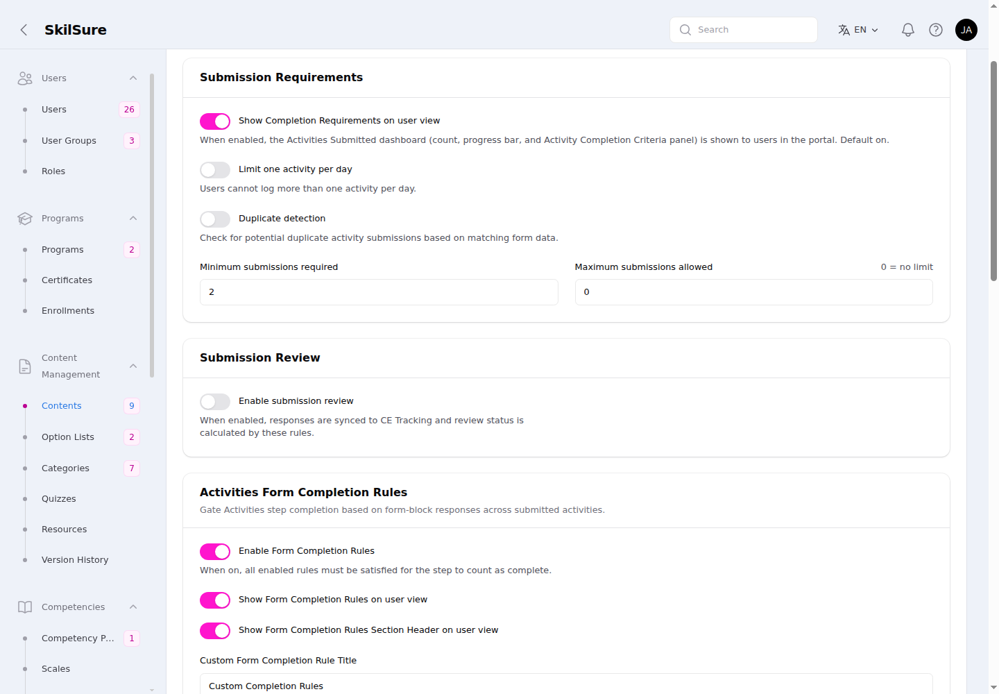 Submission Requirements section with Show Completion Requirements, Limit one activity per day, and Duplicate detection toggles, plus Minimum submissions required and Maximum submissions allowed fields, followed by the Submission Review section.