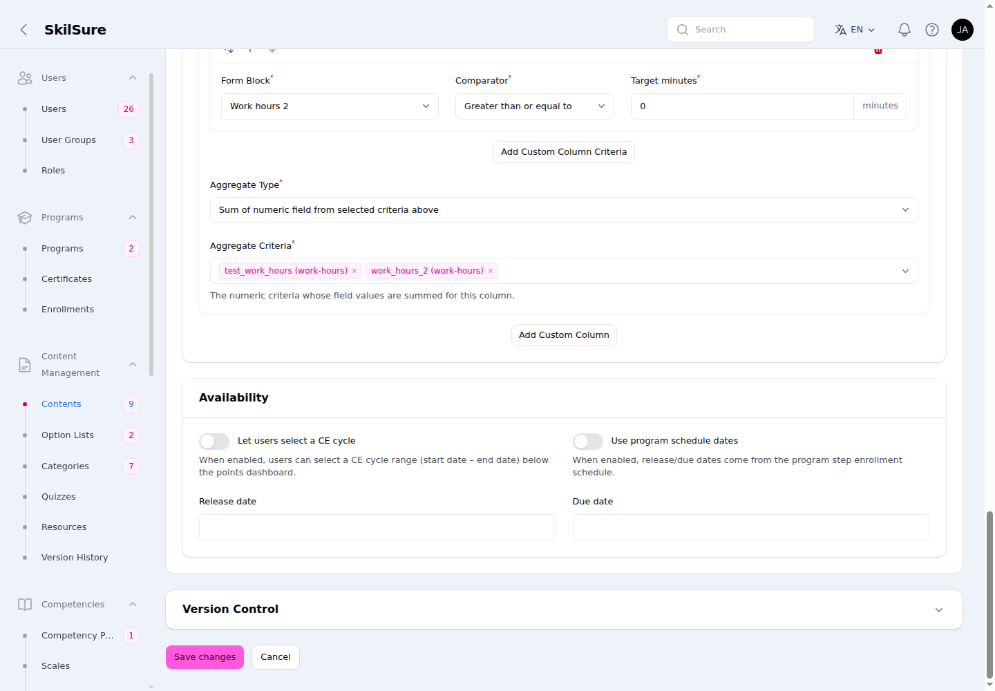 Availability section with Let users select a CE cycle and Use program schedule dates toggles, plus Release date and Due date fields.