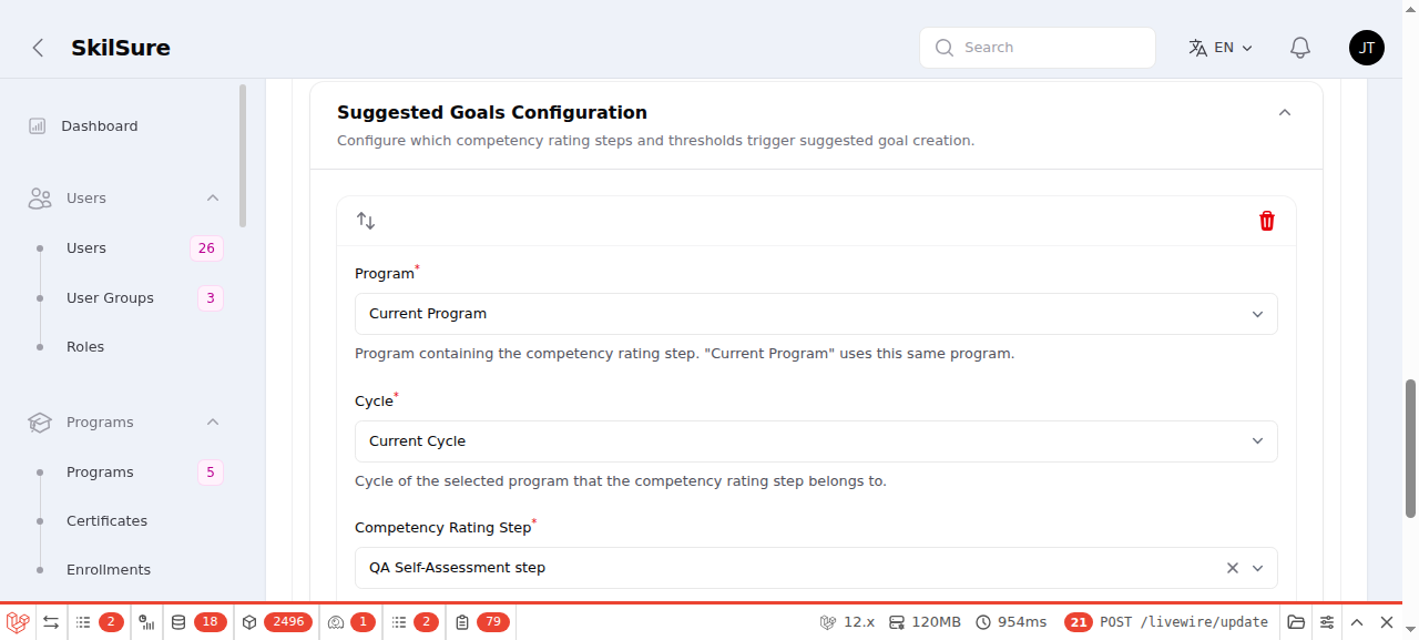 Suggested Goals Configuration section on a Learning Portfolio step, with a source row: Program set to Current Program, Cycle set to Current Cycle, and Competency Rating Step set to QA Self-Assessment step.
