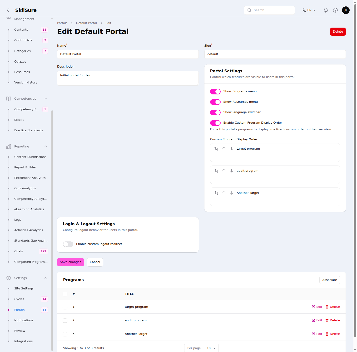 Portal edit view with the Portal Settings section: the Enable Custom Program Display Order toggle switched on, and a drag-to-reorder list of the portal's three programs below it.