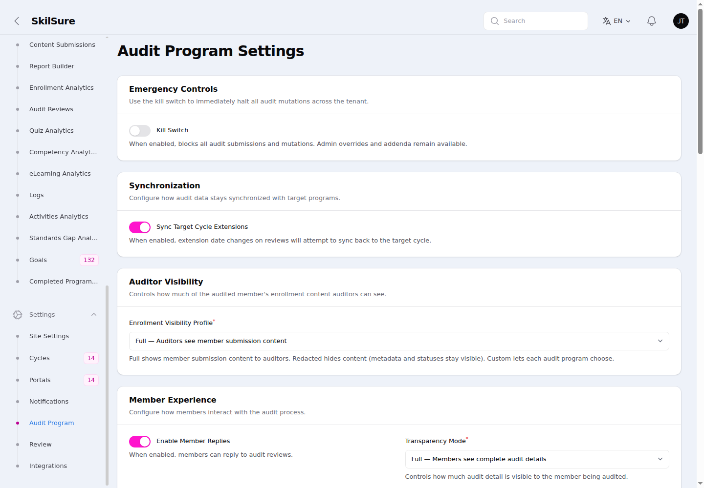 Audit Program Settings with Emergency Controls (Kill Switch), Synchronization (Sync Target Cycle Extensions), Auditor Visibility (Enrollment Visibility Profile), and Member Experience (Enable Member Replies, Transparency Mode).