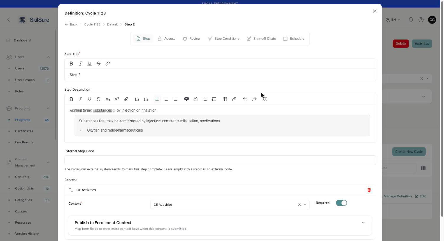 Step editor with the Step Description rich-text toolbar. The word "substances" carries a dotted underline and an information icon, and a shaded panel below the sentence holds the definition text and a bulleted list.