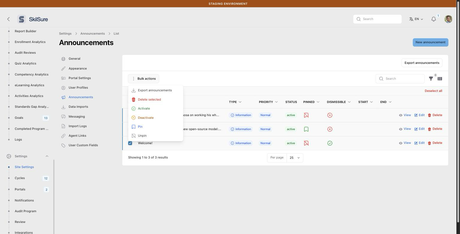 The Announcements list with all three rows selected and the Bulk actions menu open, listing Export announcements, Delete selected, Activate, Deactivate, Pin and Unpin.