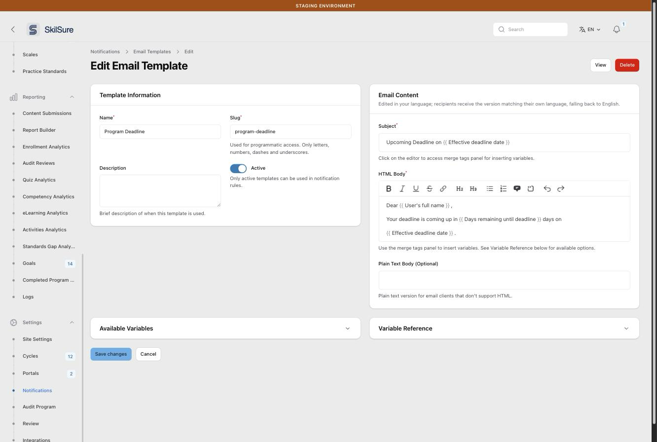 Edit Email Template screen. Template Information on the left with Name "Program Deadline", Slug "program-deadline", an empty Description and an Active toggle. Email Content on the right shows the Subject "Upcoming Deadline on Effective deadline date" and an HTML Body reading "Dear User's full name, Your deadline is coming up in Days remaining until deadline days on Effective deadline date", with the variables shown as merge tags.