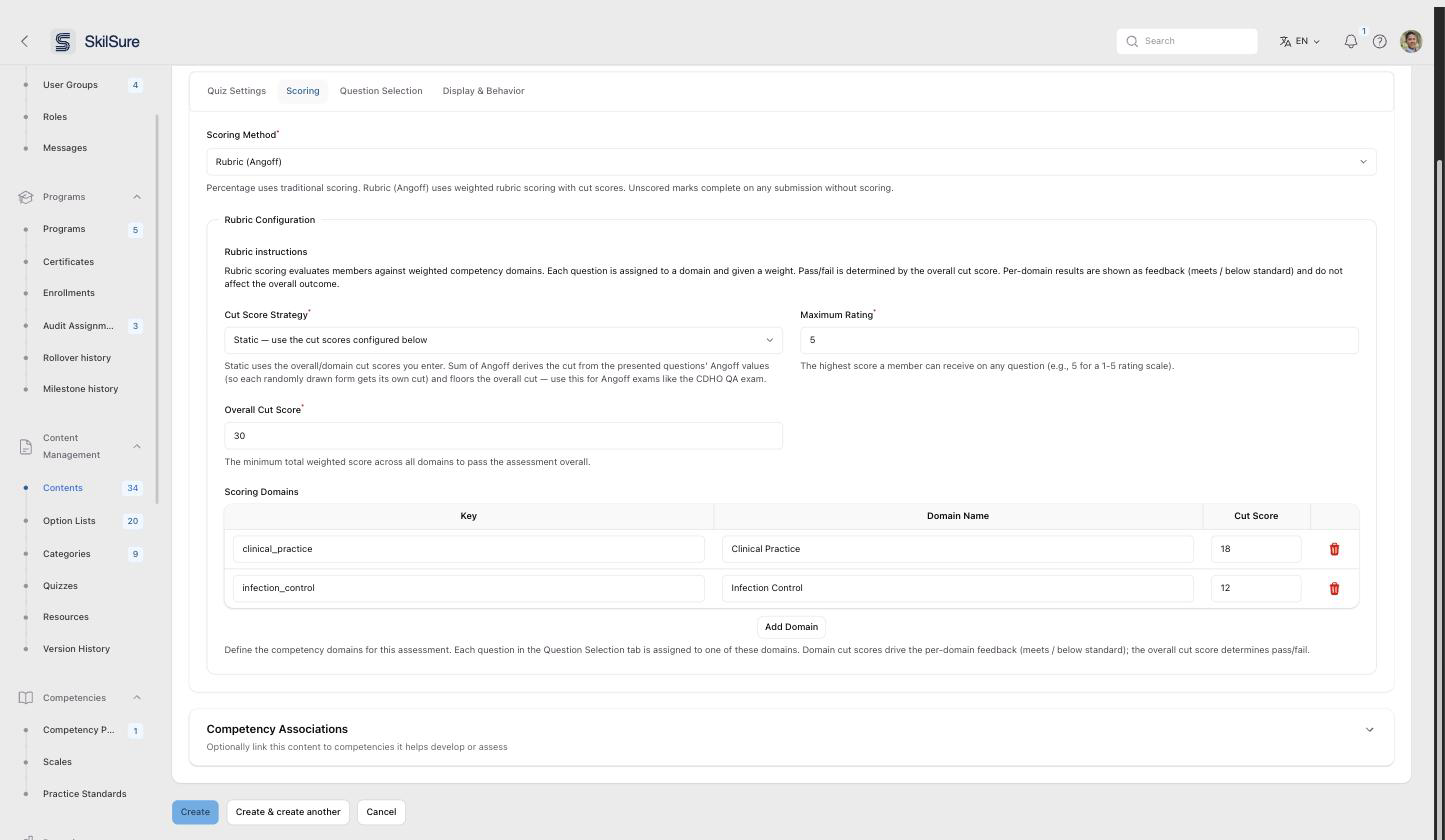The Scoring tab with Rubric (Angoff) selected and the Static cut score strategy. Overall Cut Score is set to 30 and each scoring domain has its own editable cut score.