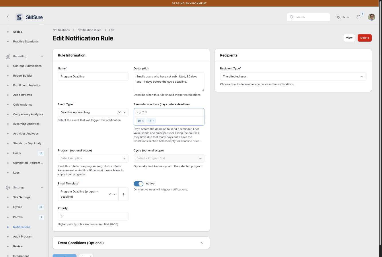 Notification rule form. Event Type is set to Deadline Approaching, Reminder windows holds the tags 30 and 14, Program and Cycle scope are left blank, Email Template is set to Program Deadline, Active is on, and Recipient Type is The affected user.