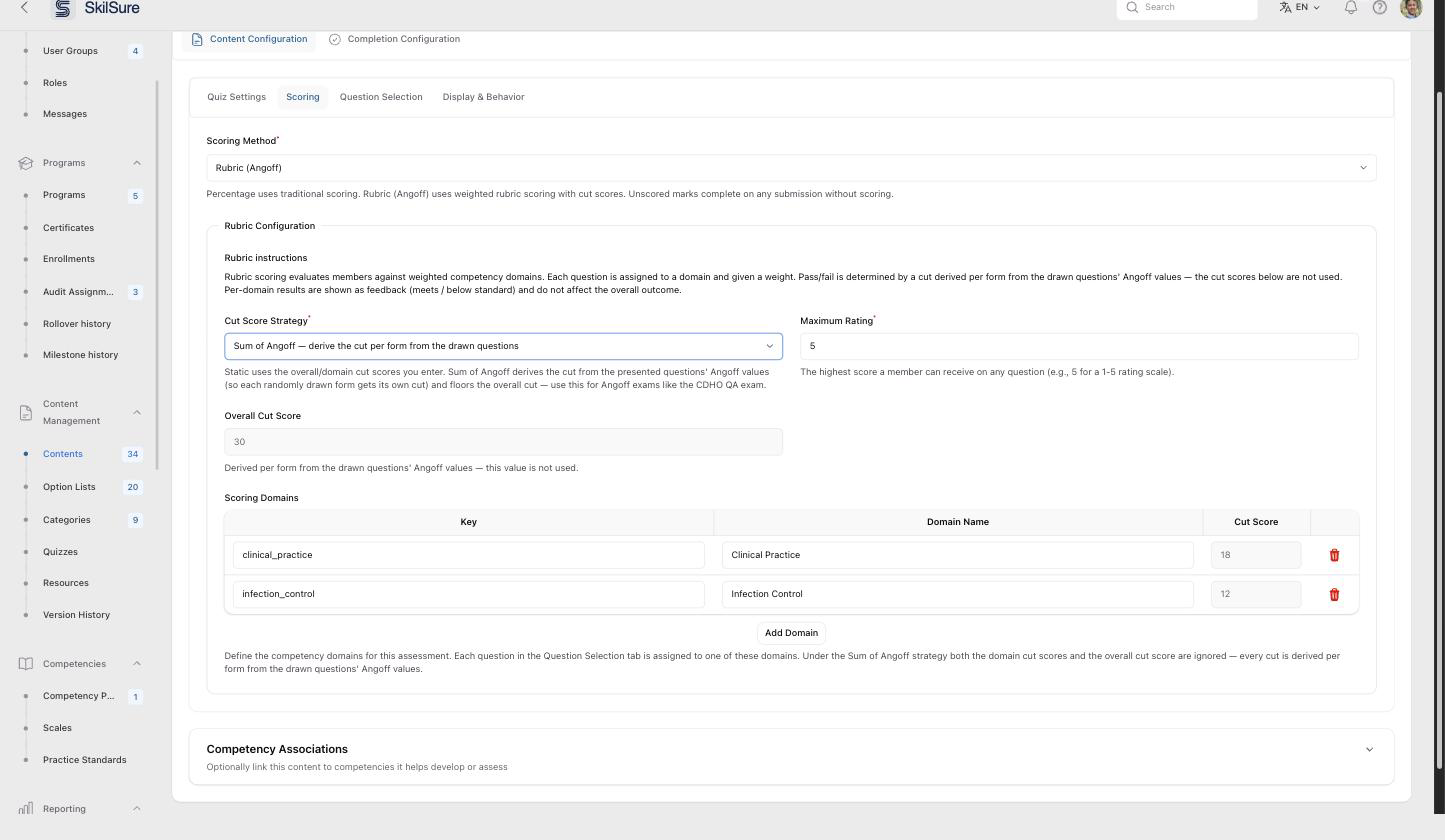The same Scoring tab with the Sum of Angoff strategy selected. The Overall Cut Score and every domain Cut Score are greyed out and no longer required, and the helper text reads that the value is derived per form and not used.