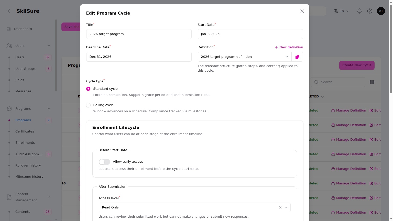 Edit Program Cycle dialog. The Definition field shows "2026 target program definition" with a New definition link above it and a duplicate button immediately to the right of the selector.