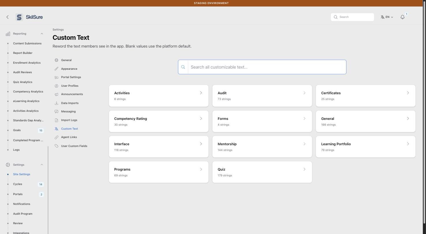 Custom Text page showing a search box above cards for Activities, Audit, Certificates, Competency Rating, Forms, General, Interface, Mentorship, Learning Portfolio, Programs and Quiz, each with a count of customizable strings.