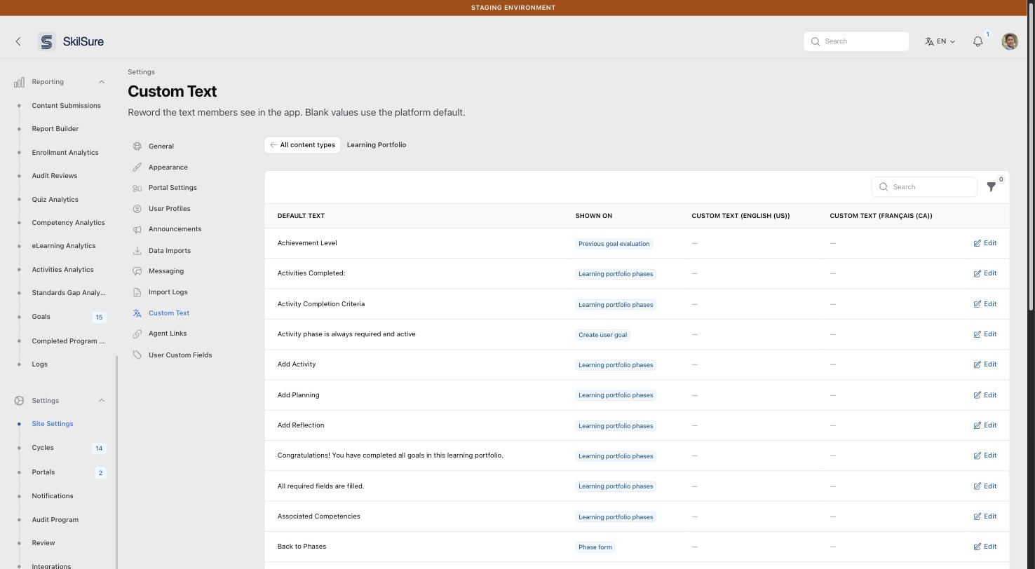 Learning Portfolio strings listed in a table with columns Default Text, Shown on, Custom Text (English (US)), Custom Text (Français (CA)) and an Edit action per row.