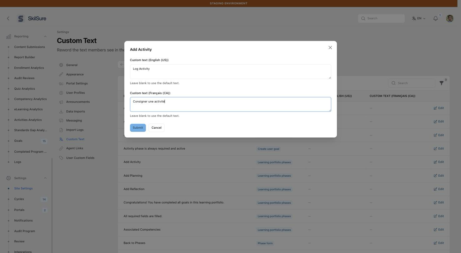 Edit dialog titled "Add Activity" with a Custom text (English (US)) field reading "Log Activity", a Custom text (Français (CA)) field reading "Consigner une activité", and the hint "Leave blank to use the default text." under each.