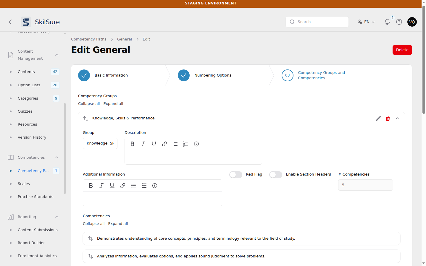 The Competency Groups and Competencies step of a competency path. The group row shows a Description editor and an Additional Information editor, each with a rich-text toolbar ending in an information icon, plus Red Flag, Enable Section Headers and a read-only # Competencies field showing 5.