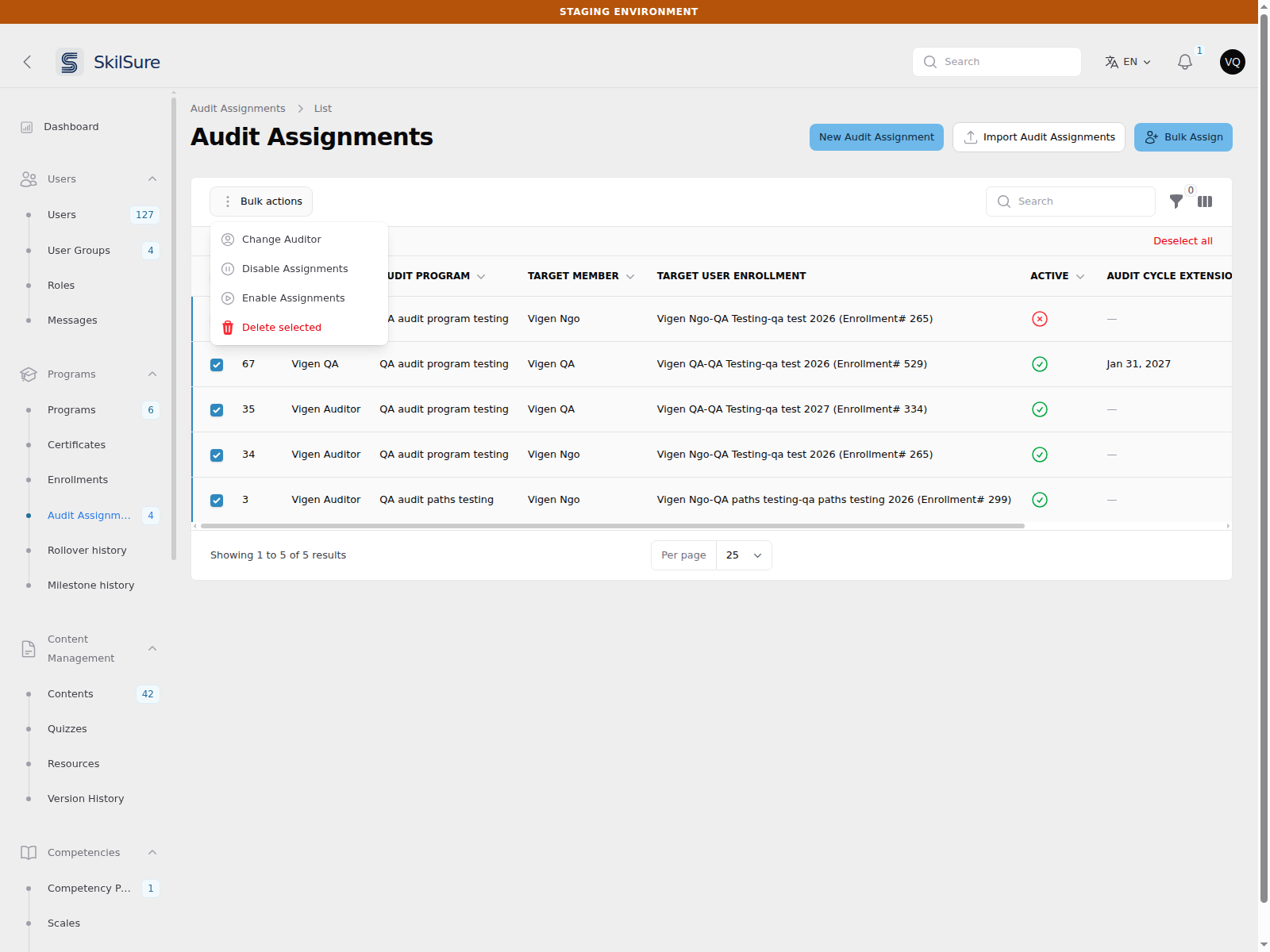 Audit Assignments list with five rows selected and the Bulk actions menu open, showing Change Auditor, Disable Assignments, Enable Assignments and Delete selected.