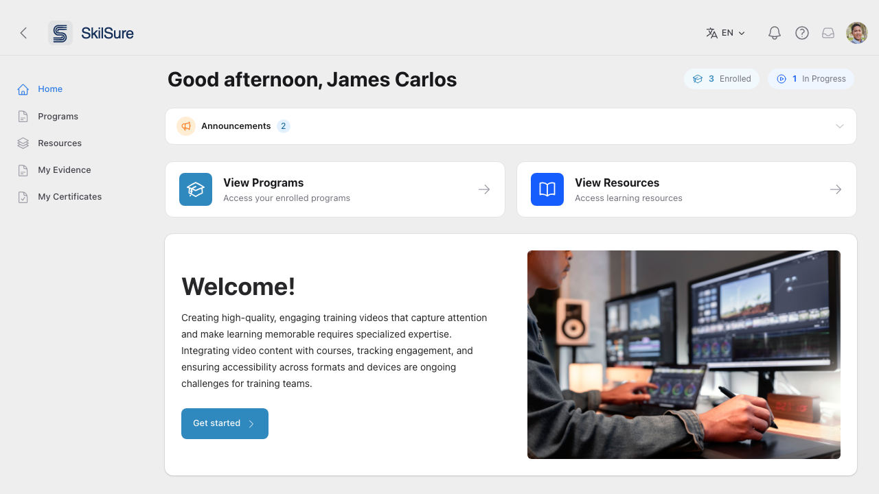 User home page with greeting, enrollment counters, announcements, and quick-action tiles.