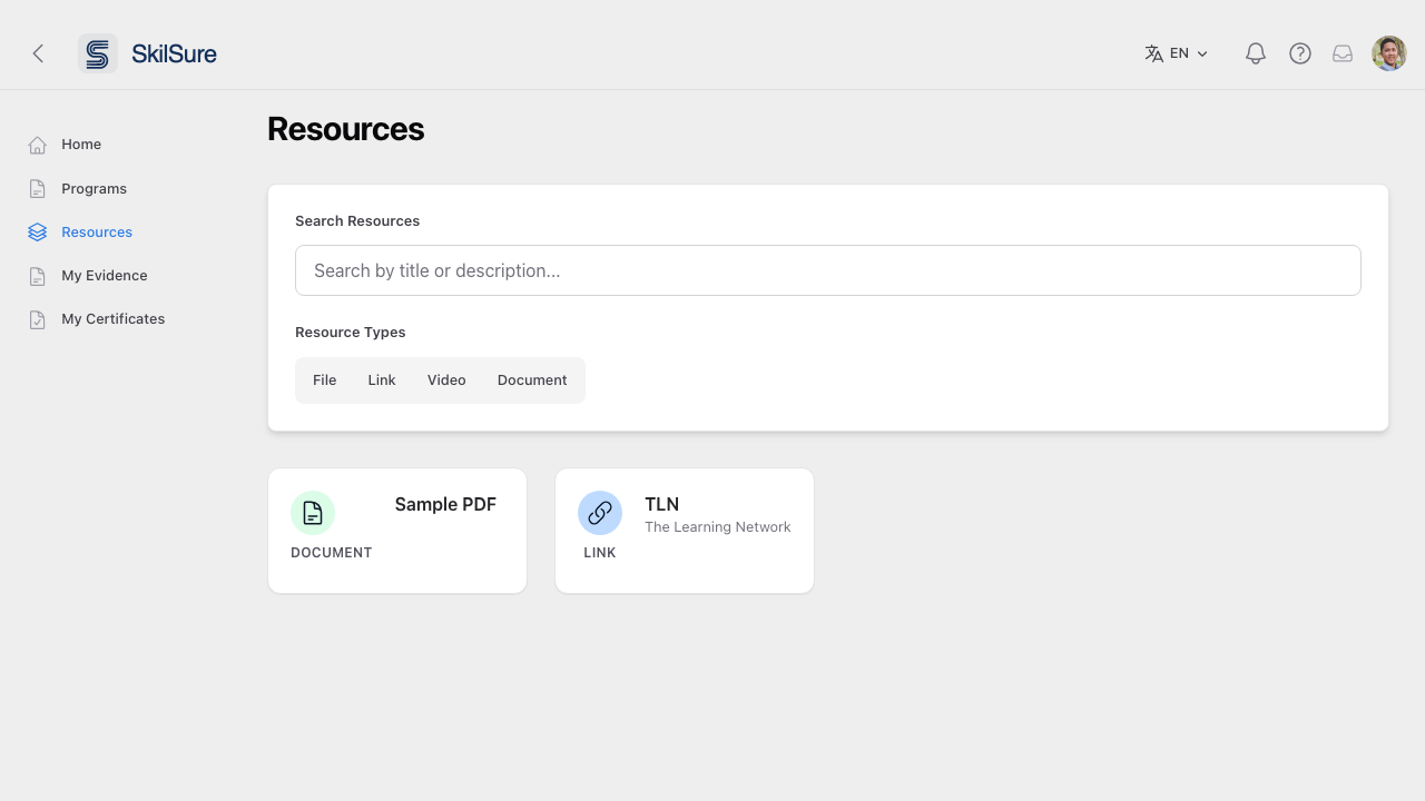 Resources page with downloadable references.