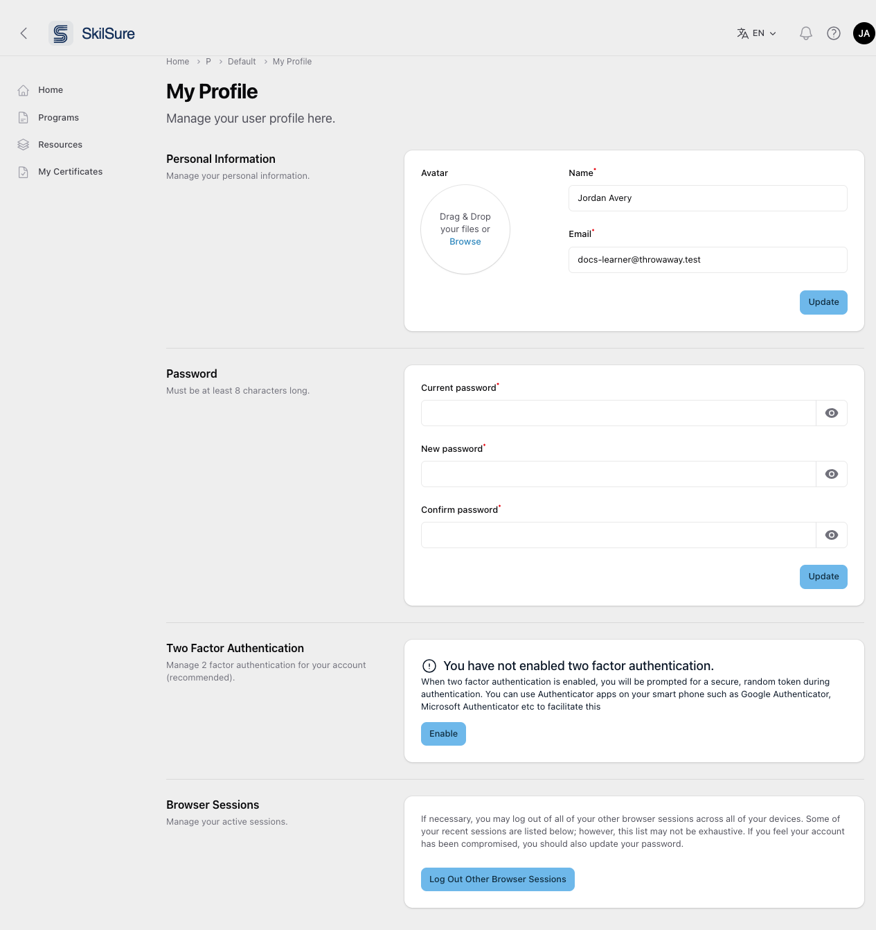 My Profile page with Personal Information, Password, Two Factor Authentication, and Browser Sessions sections.