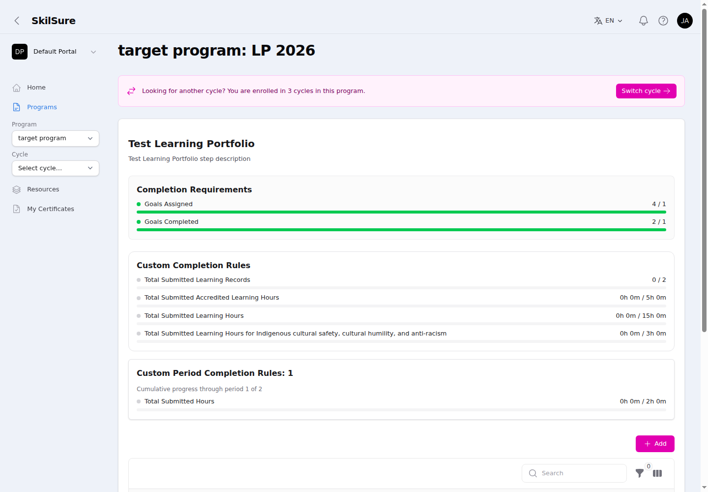 Learning Portfolio step showing the step title and description, a Completion Requirements panel, Custom Completion Rules, Custom Period Completion Rules, and an Add button above the goals table.