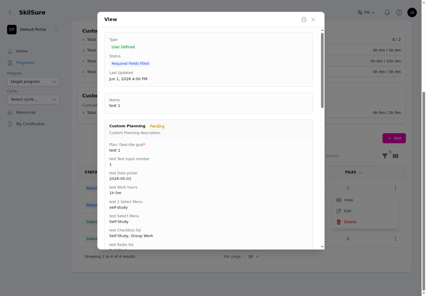 Goal View modal showing the read-only Status panel, the goal name, and the Custom Planning phase with its submitted answers.