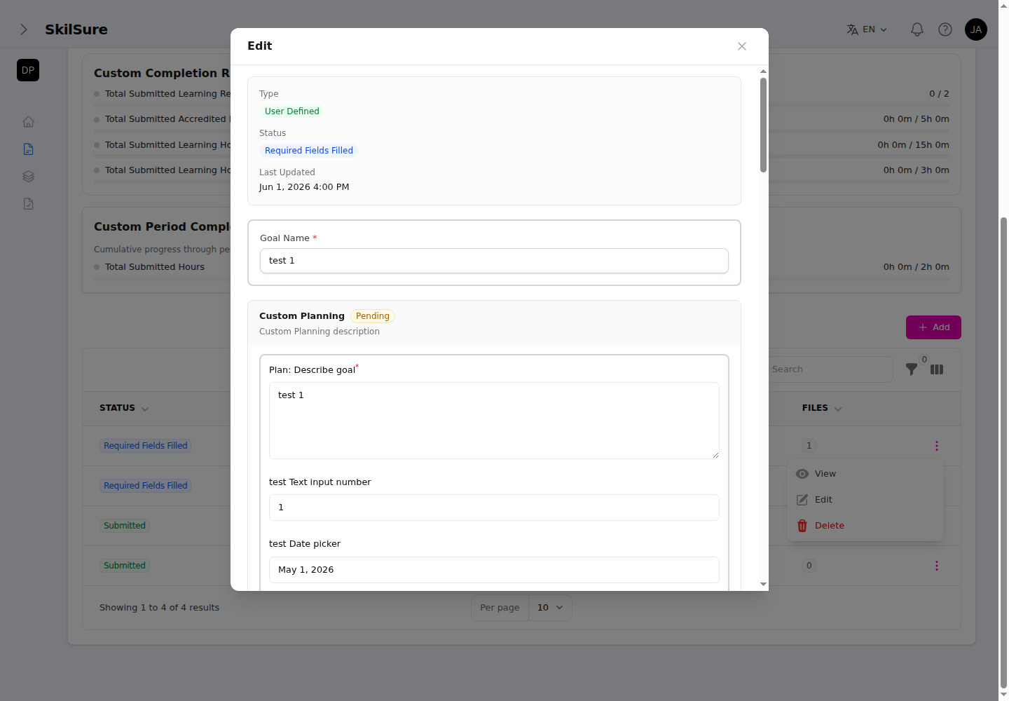 Goal edit view with a Status panel (Type, Status, Last Updated), an editable Goal Name, and the Custom Planning phase with its form fields.