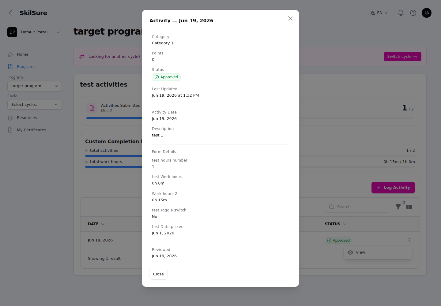 Activity View modal showing Category, Points, Status, Last Updated, Activity Date, Description, and the activity's form details.