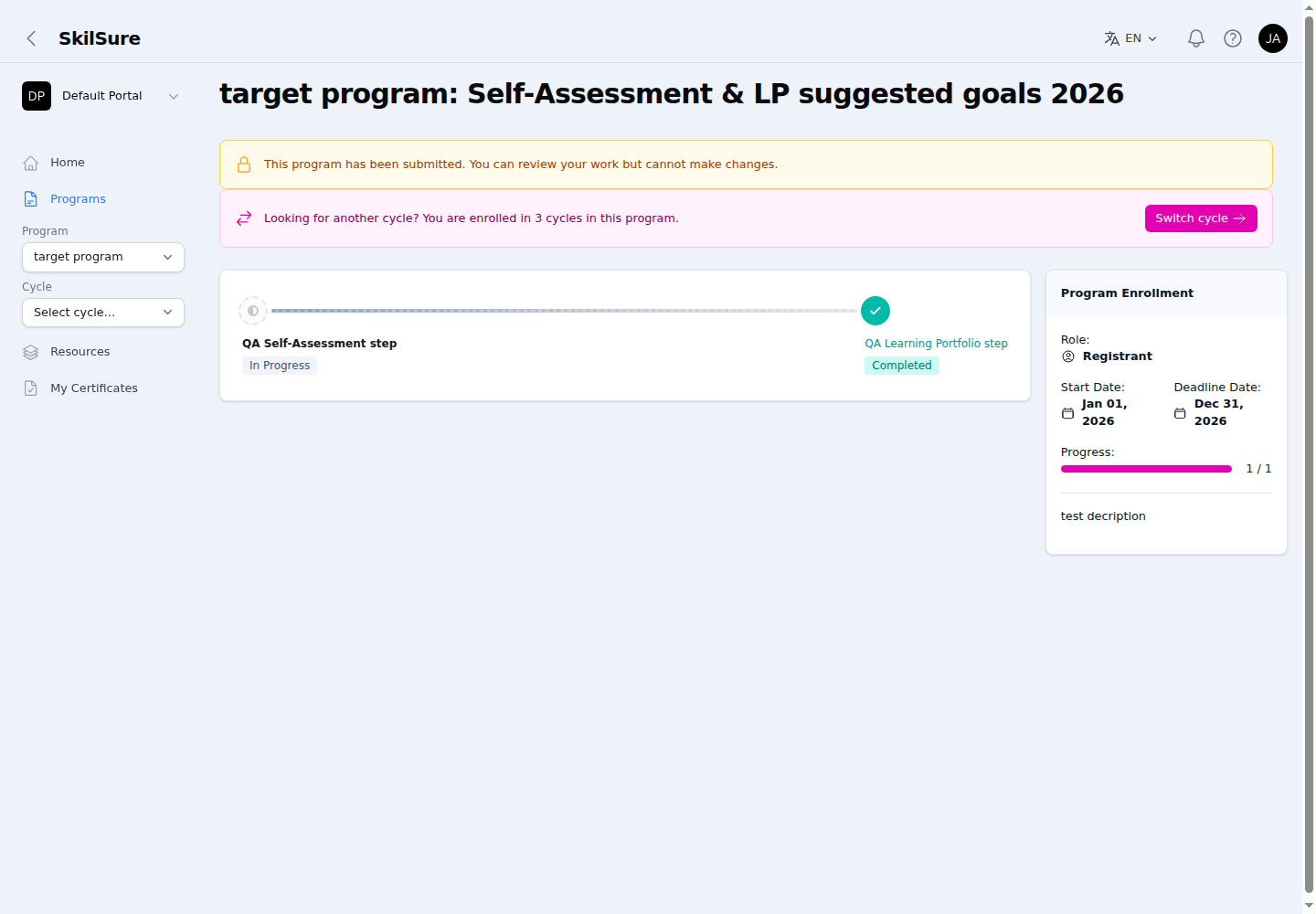 Program page with a step strip — an in-progress optional step shown faintly and a completed required step with a solid check — beside a Program Enrollment panel showing Progress 1 / 1.