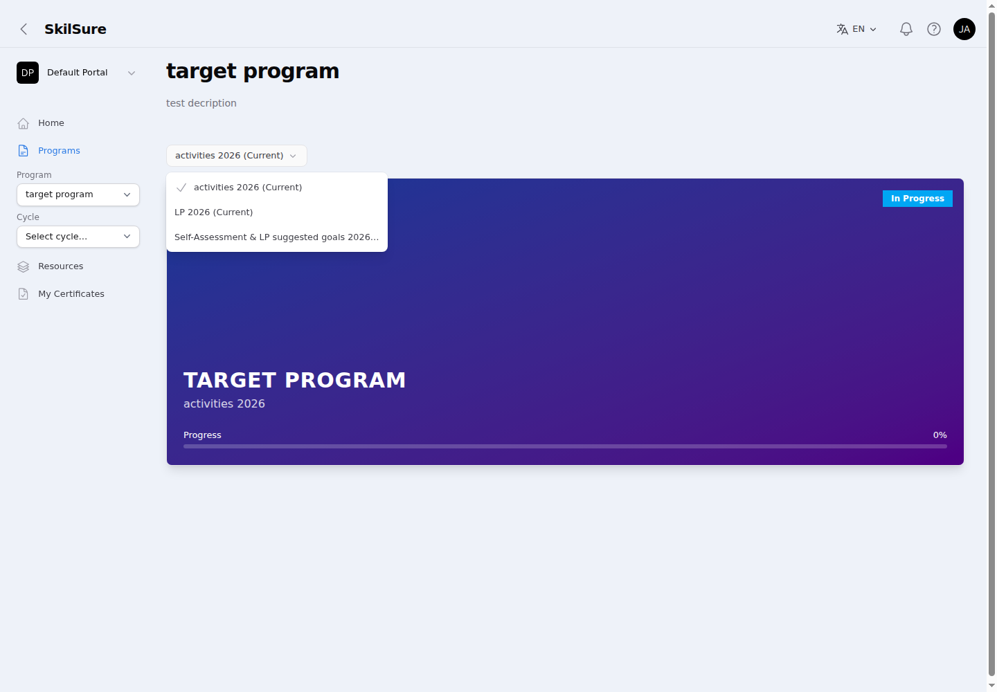 Programs page listing an enrolled program as a card, with a cycle picker open above it showing the program's cycles.