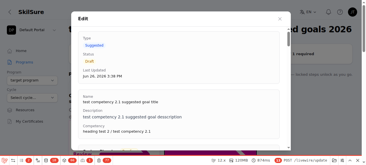 Editing a suggested goal: the modal shows Type "Suggested", a read-only Name, Description, and Competency, and the goal's phase forms below.