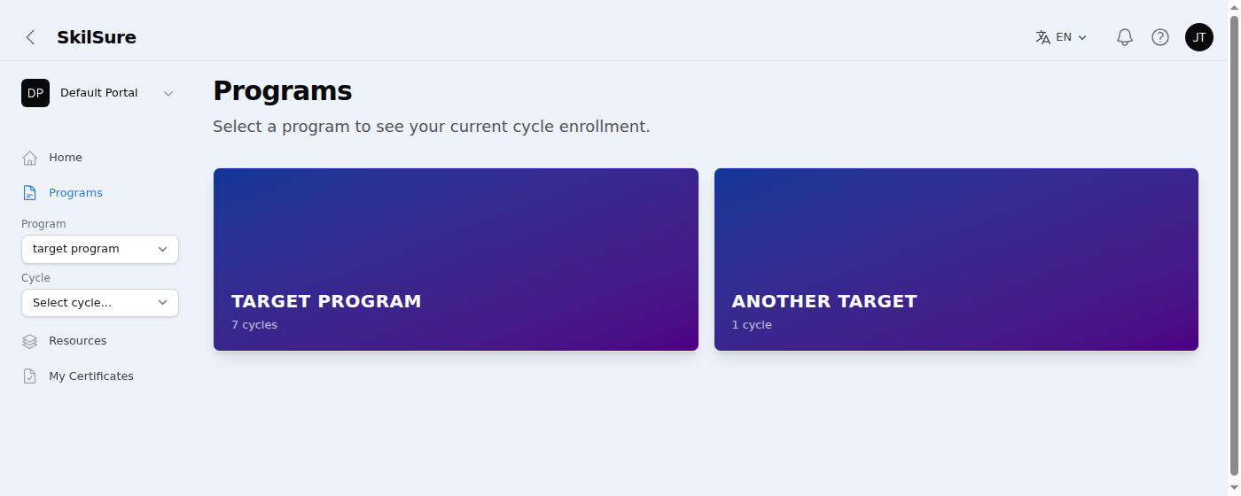 Programs page showing two program cards, "Target Program" then "Another Target", in an administrator-defined order rather than alphabetical.
