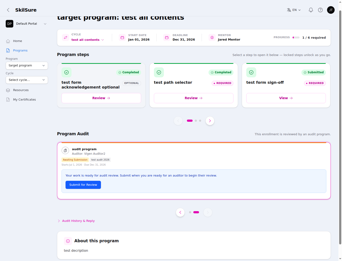 Program page with a Program Audit panel — the audit program, the auditor, an "Awaiting Submission" badge, and a "Submit for Review" button — above a collapsible Audit History & Reply section.