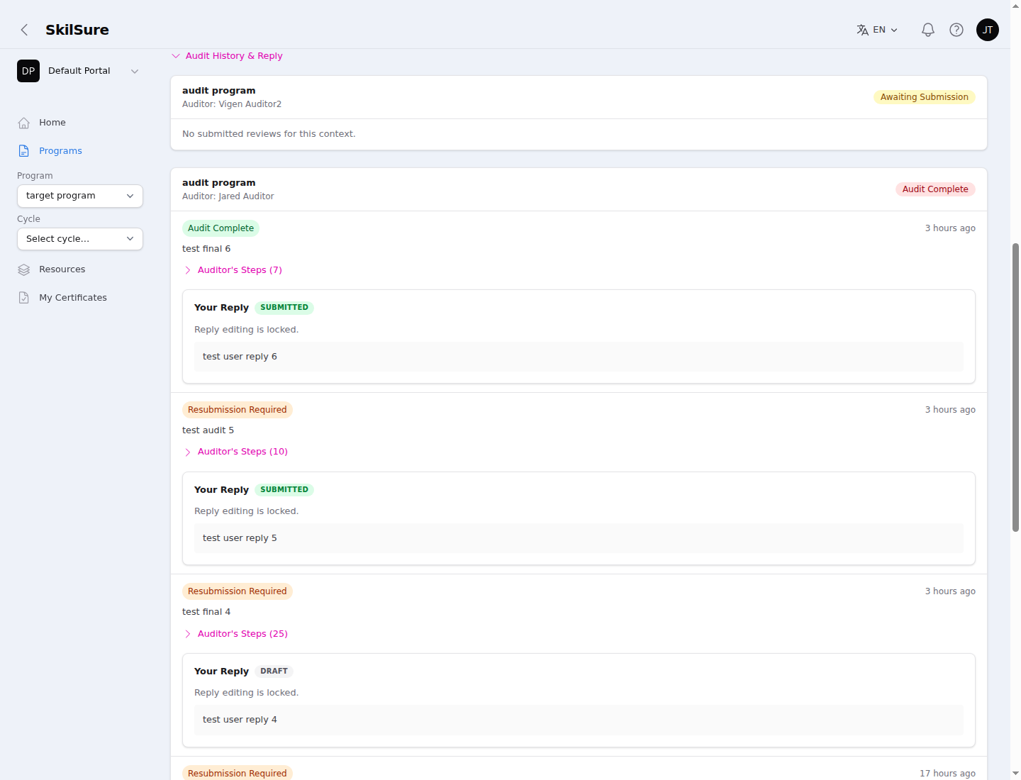 Expanded Audit History & Reply: past reviews each showing an outcome badge (Audit Complete / Resubmission Required), an "Auditor's Steps" toggle with a per-review count, and a "Your Reply" box.