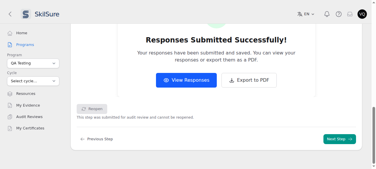 A completed step showing a greyed-out Reopen button with the message "This step was submitted for audit review and cannot be reopened."