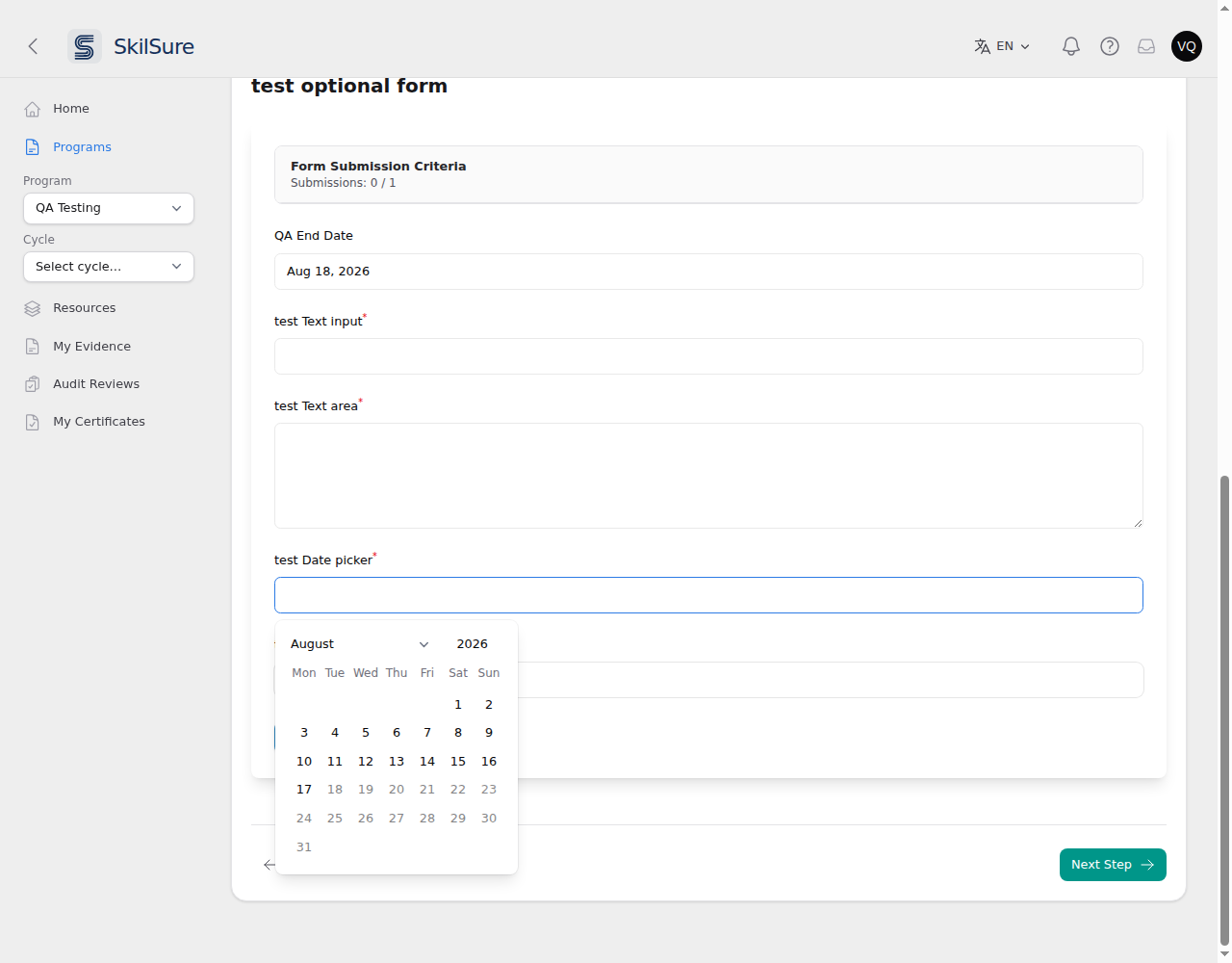 A form with QA End Date set to Aug 18, 2026 and the second date picker's calendar open. Days from the 18th onward are greyed out and only the 1st to the 17th can be chosen.