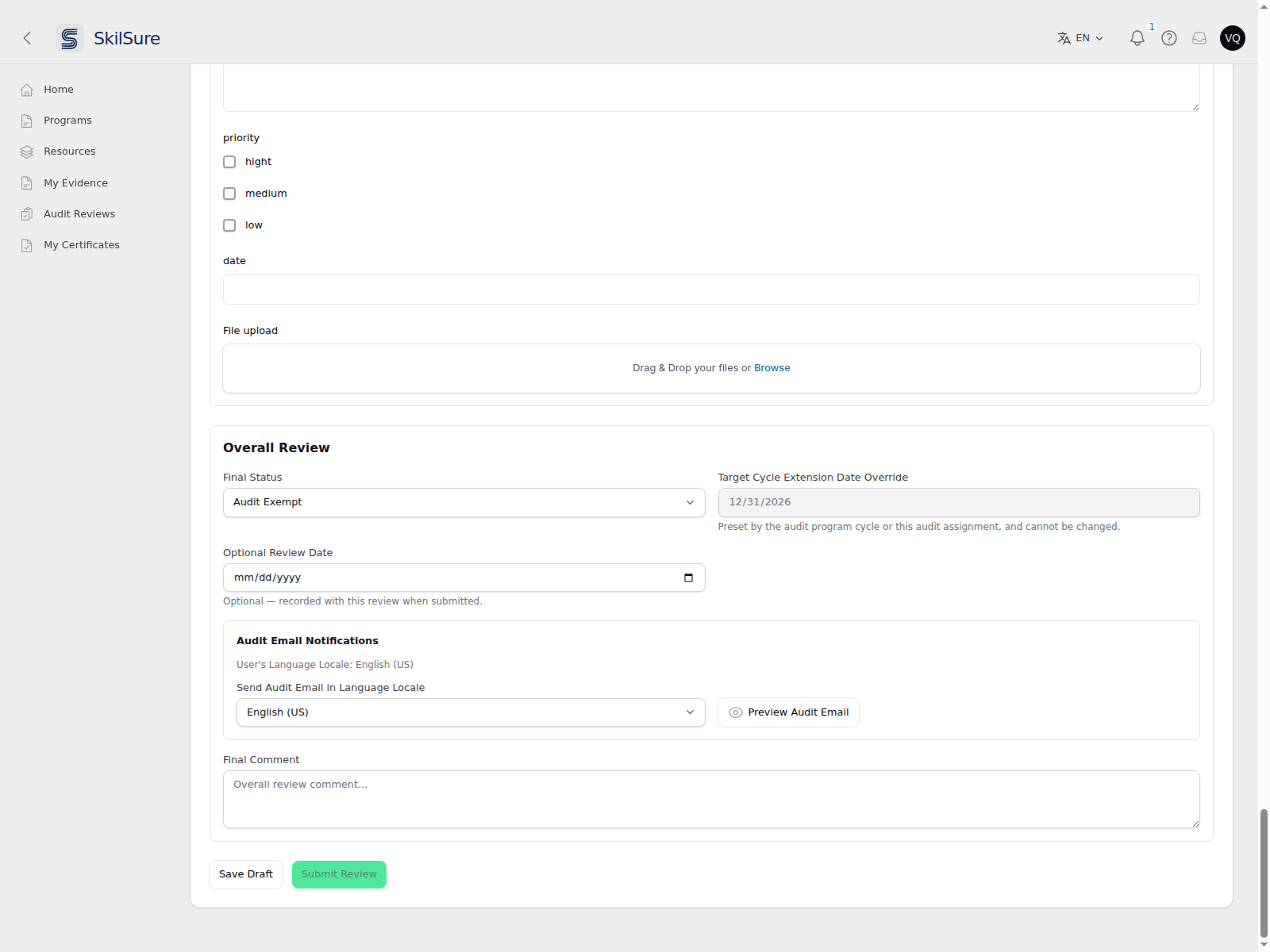 Overall Review section with Final Status set to Audit Exempt, a read-only Target Cycle Extension Date Override, Optional Review Date, then an Audit Email Notifications panel showing "User's Language Locale: English (US)", a "Send Audit Email in Language Locale" selector and a Preview Audit Email button.