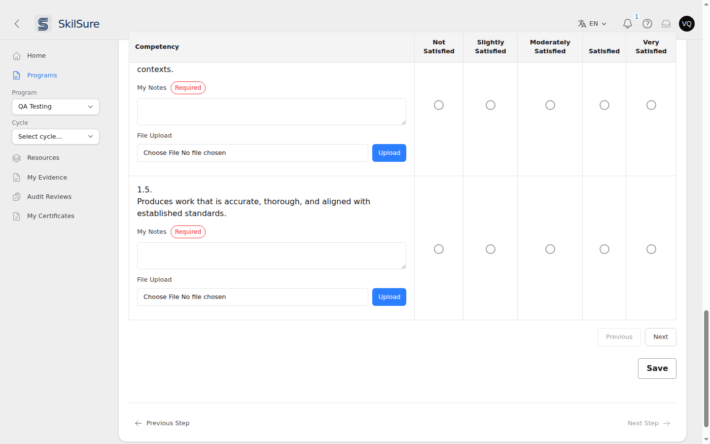 The foot of a Competency Rating form, showing Previous and Next group buttons and a Save button.